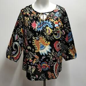 Hester & Orchard Linen Cotton Top Floral Print Boho 3/4 Sleeve Women's Small